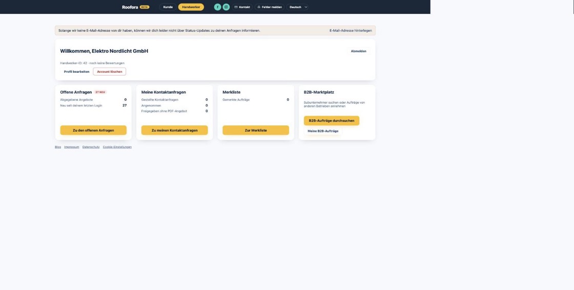 Handwerker-Dashboard mit eigener Kachel B2B-Marktplatz und den Buttons B2B-Aufträge durchsuchen und Meine B2B-Aufträge