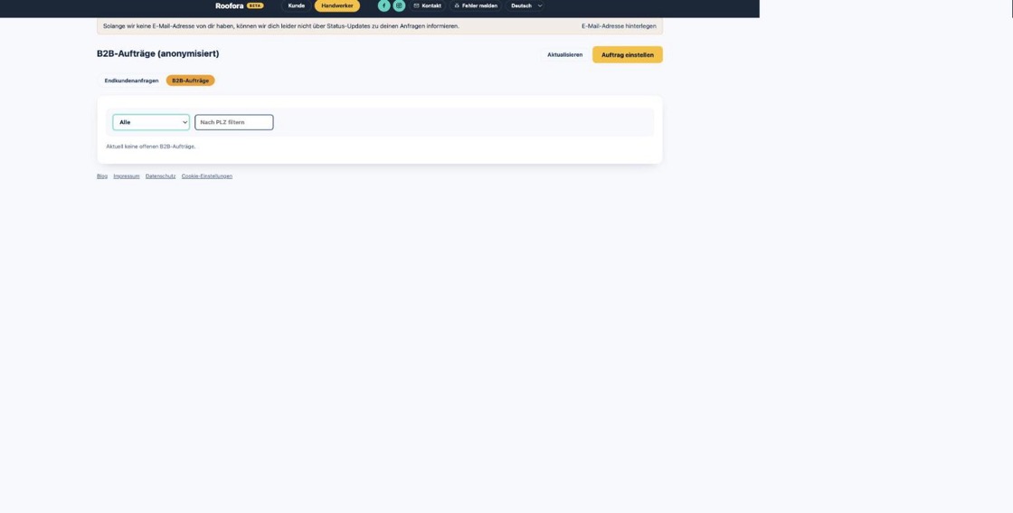 B2B-Marktplatz-Übersicht mit Tabs Endkundenanfragen/B2B-Aufträge, Filtern nach Auftragstyp und PLZ