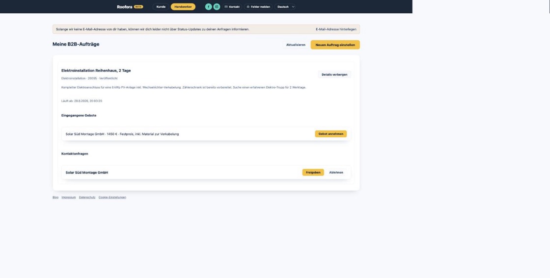 Aufgeklappter eigener B2B-Auftrag mit eingegangenem Gebot und einer Kontaktanfrage mit Freigeben-/Ablehnen-Buttons