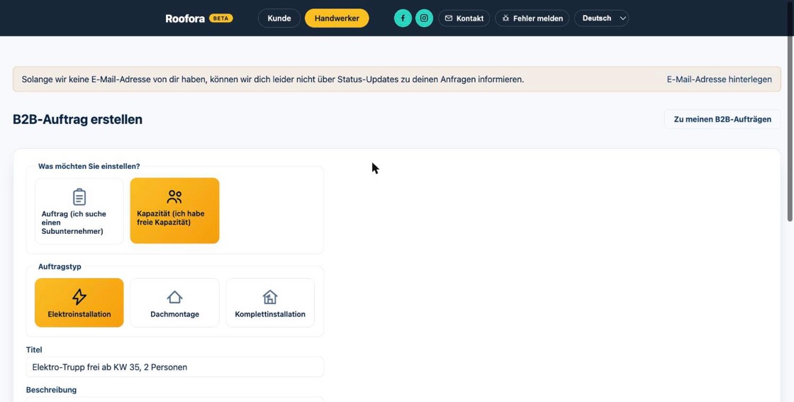 B2B-Formular mit Auswahl "Kapazität (ich habe freie Kapazität)" und ausgefülltem Titel
