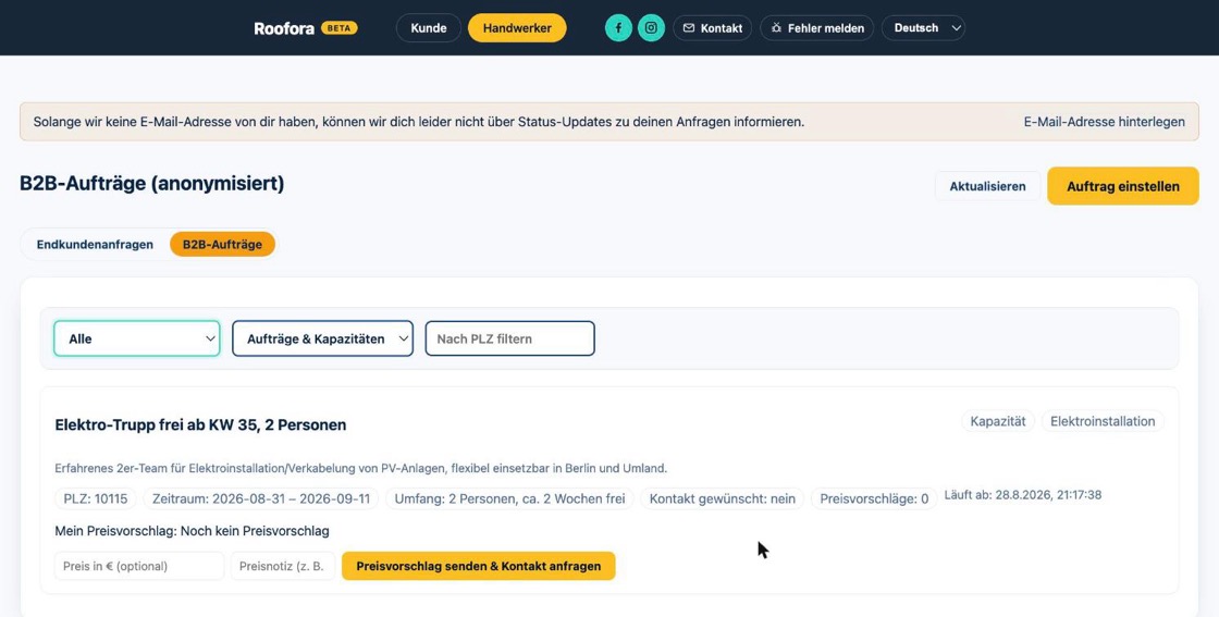 B2B-Marktplatz mit Filter "Aufträge & Kapazitäten", Badge "Kapazität" und Feldern für Preisvorschlag