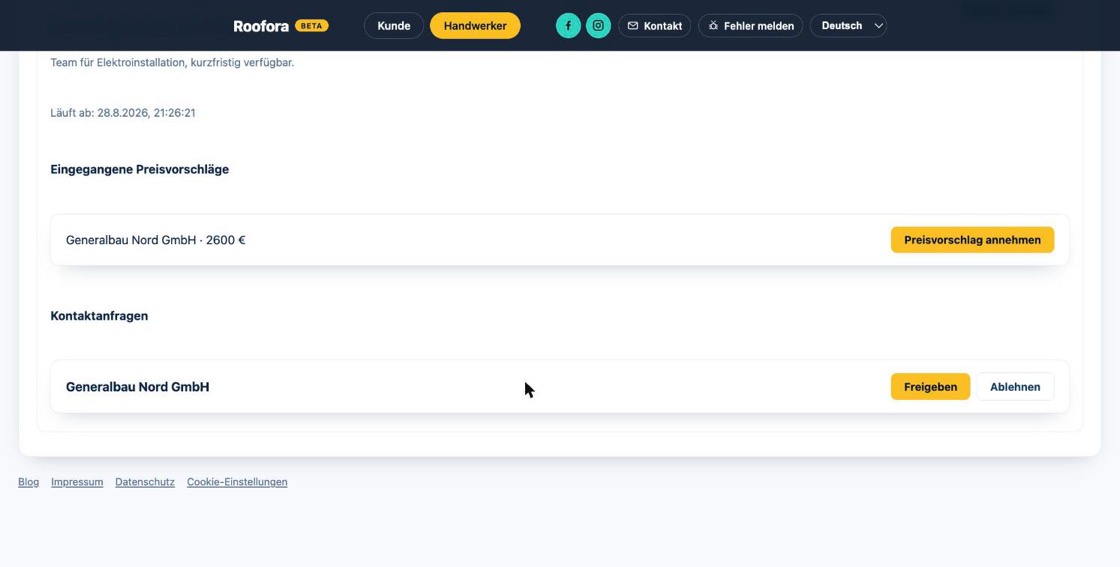 Aufgeklappte eigene Kapazität mit eingegangenem Preisvorschlag und einer Kontaktanfrage mit Freigeben-/Ablehnen-Buttons