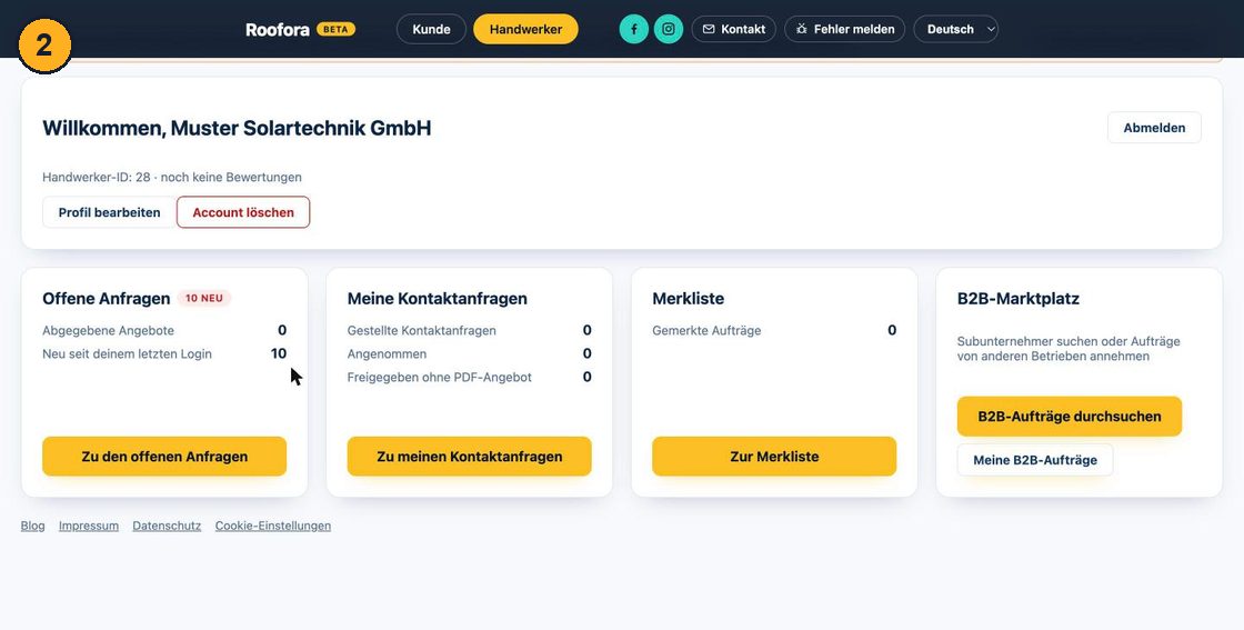 Panel instalatora z kafelkami Otwarte zapytania, Moje zapytania o kontakt, Ulubione, Rynek B2B