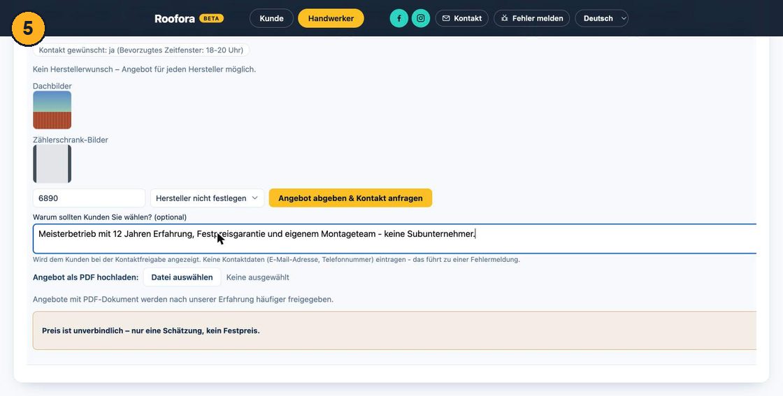 Wypełniony formularz oferty z ceną i tekstem uzasadnienia, przycisk wysłania oferty i prośby o kontakt