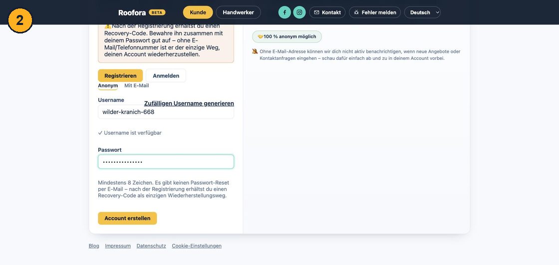 Wypełniony formularz rejestracji z nazwą użytkownika i hasłem, informacja o dostępności