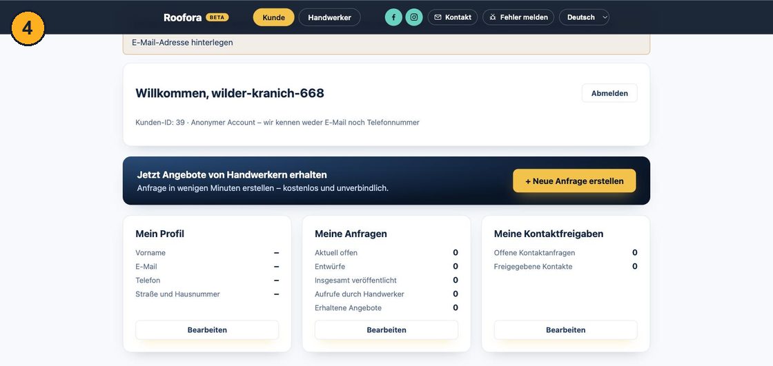 Panel klienta z kafelkami Mój profil, Moje zapytania, Moje udostępnienia kontaktu